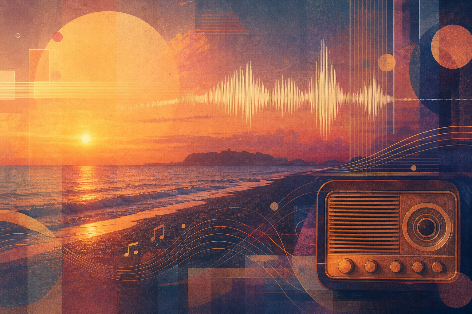 夕暮れの湘南の海と古いラジオを想起させる抽象的な音楽イメージ