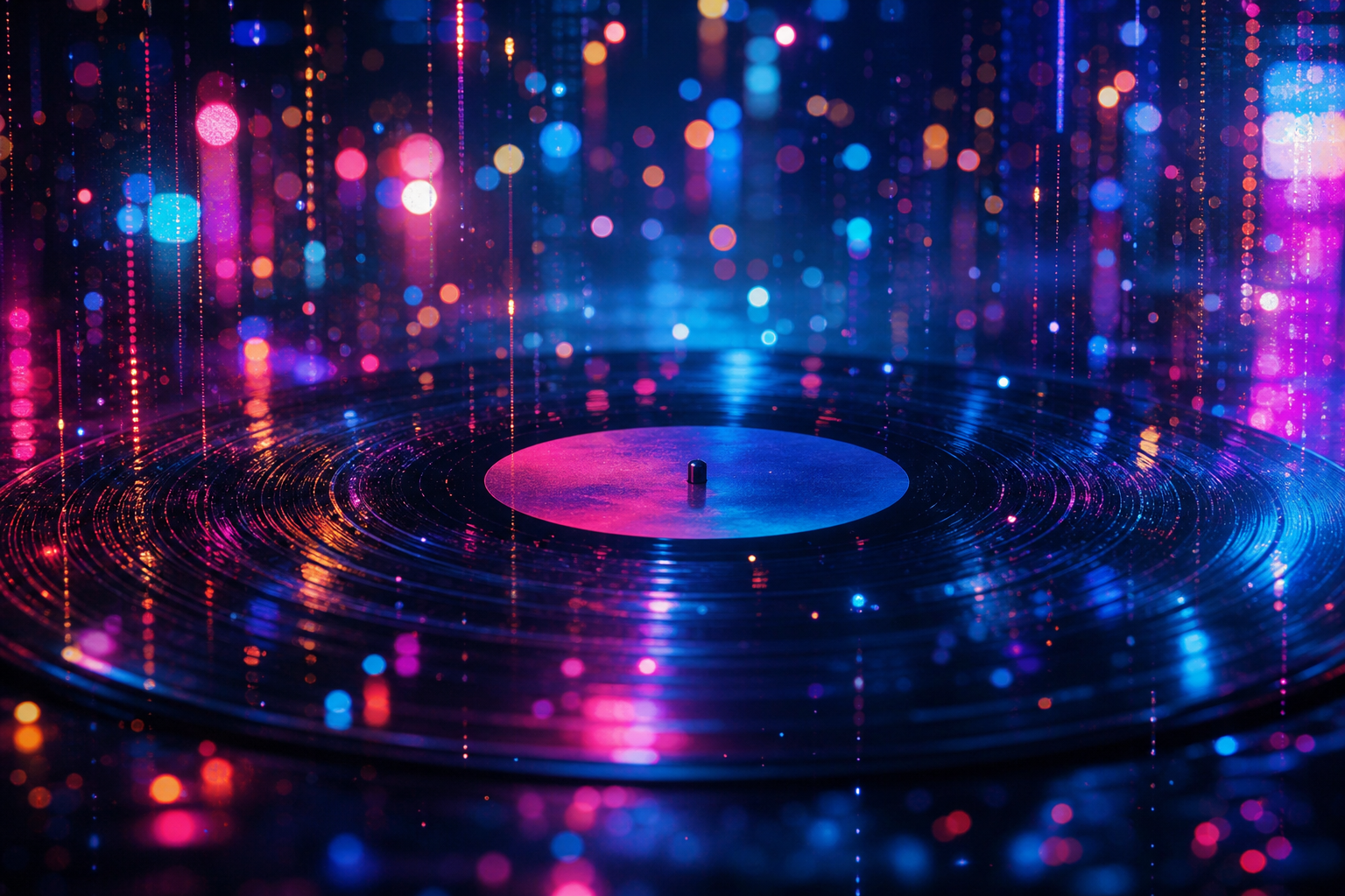 夜のネオン街を思わせる抽象的な光の粒とレコード盤のイメージ