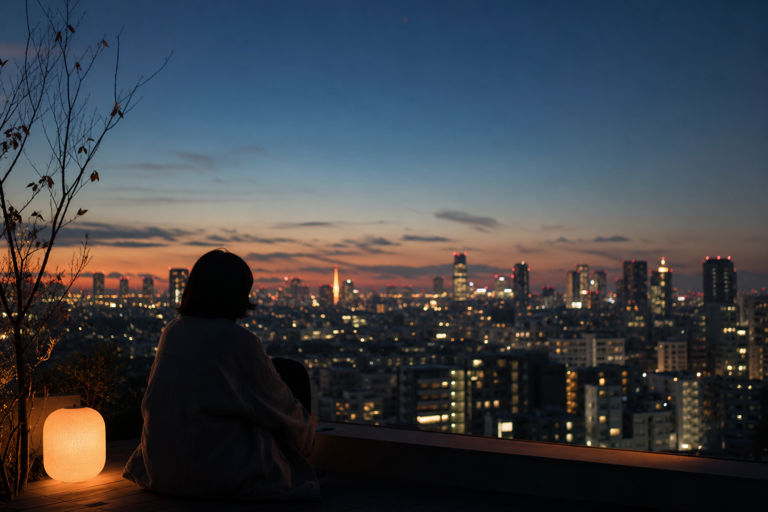 都市の夜景を遠くから眺めるような、シンセとホーンが交差する抽象的な音楽イメージ