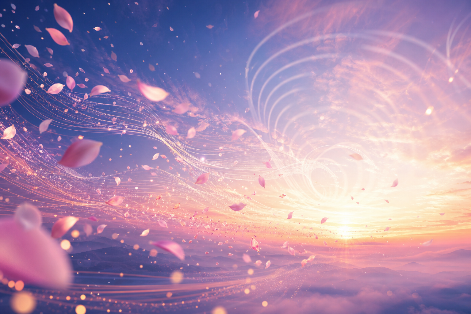 夜明けの空に舞う花びらと、遠くに響く声のイメージ。人物やロゴは含まない抽象ビジュアル