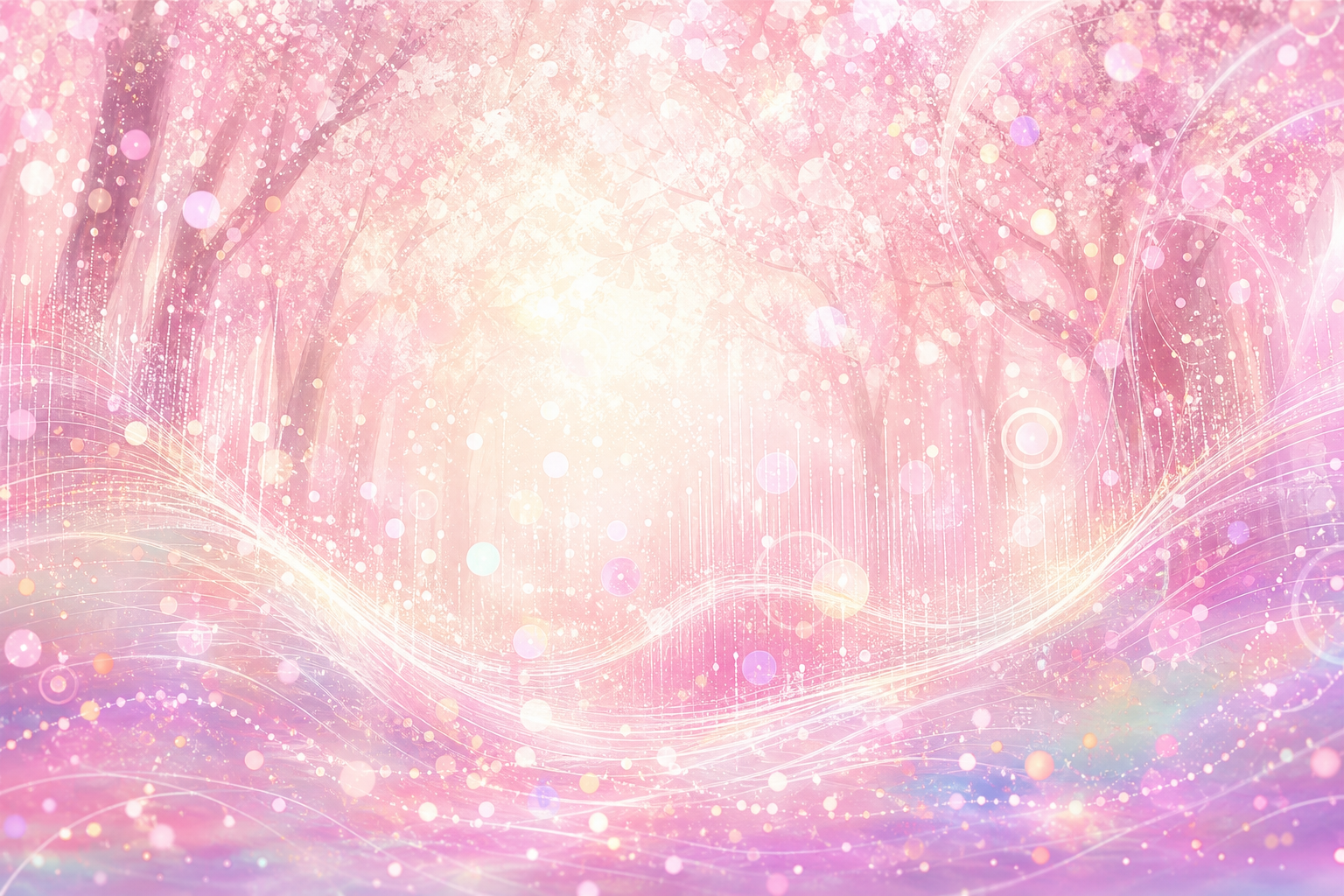 満開の桜の森を思わせる淡い光と抽象的な音の粒のイメージ