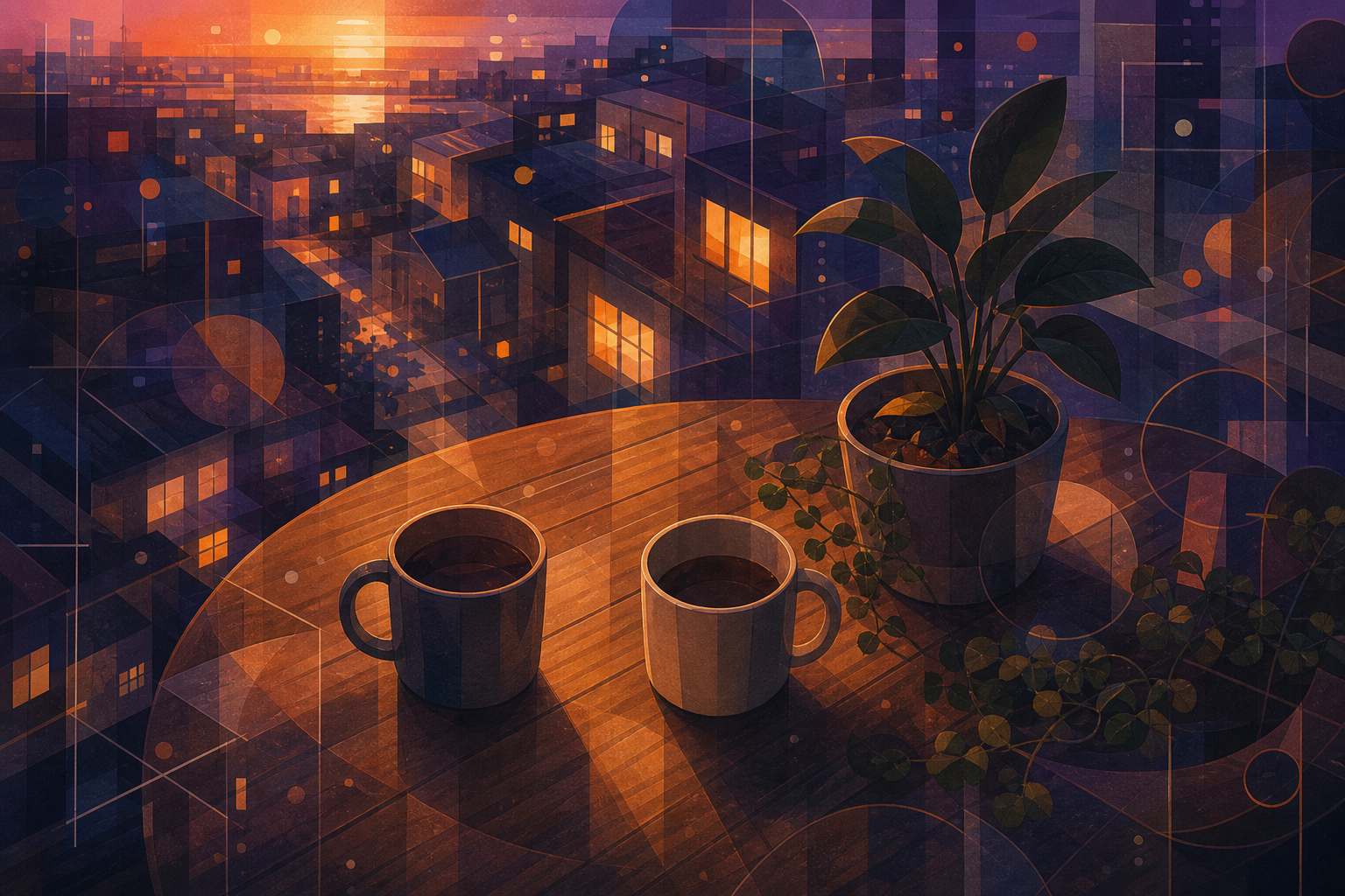 夕暮れの街並みと部屋の窓から漏れる灯りを俯瞰した抽象イラスト。二人分のマグカップと観葉植物が置かれた木製のテーブル。