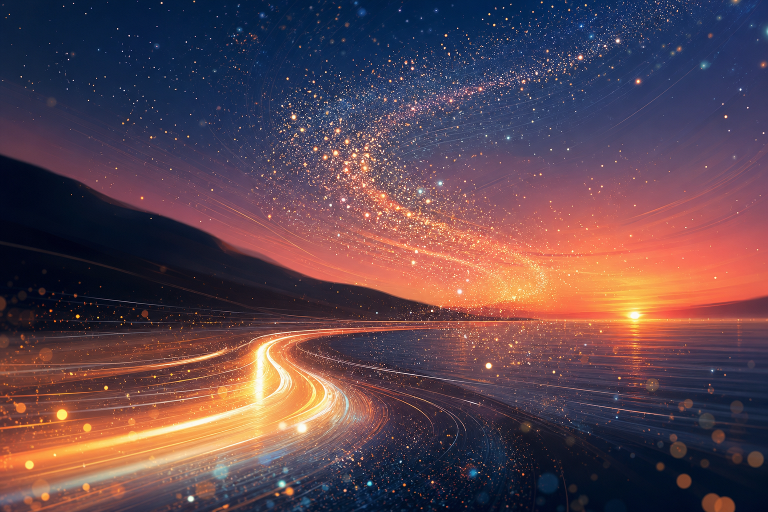 夕暮れの海沿いを走る車のヘッドライトと、宙を舞うようにきらめく星の粒子を抽象化したビジュアルイメージ