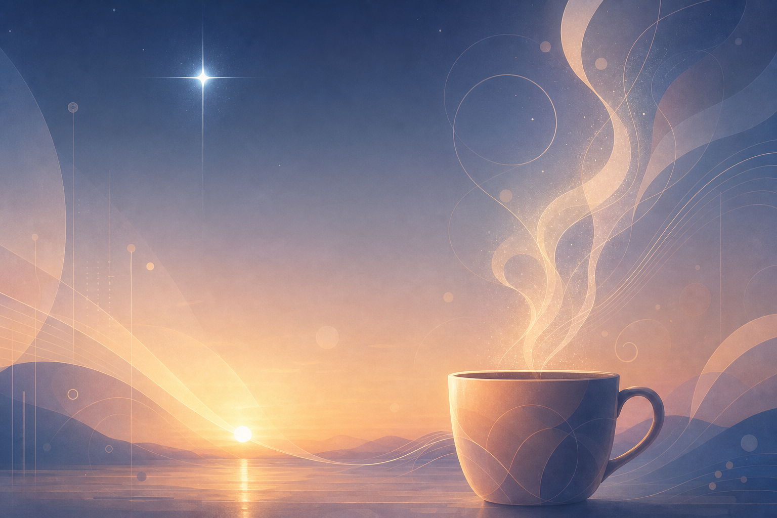 夜明けの空に淡く光る一等星と、朝のコーヒーカップから立ちのぼる湯気の抽象イメージ