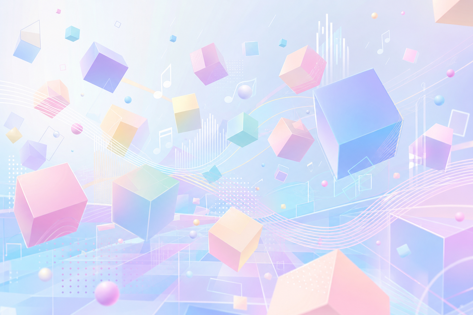 パステルカラーの立方体ブロックが宙に浮かぶ、幾何学的な音楽イメージ