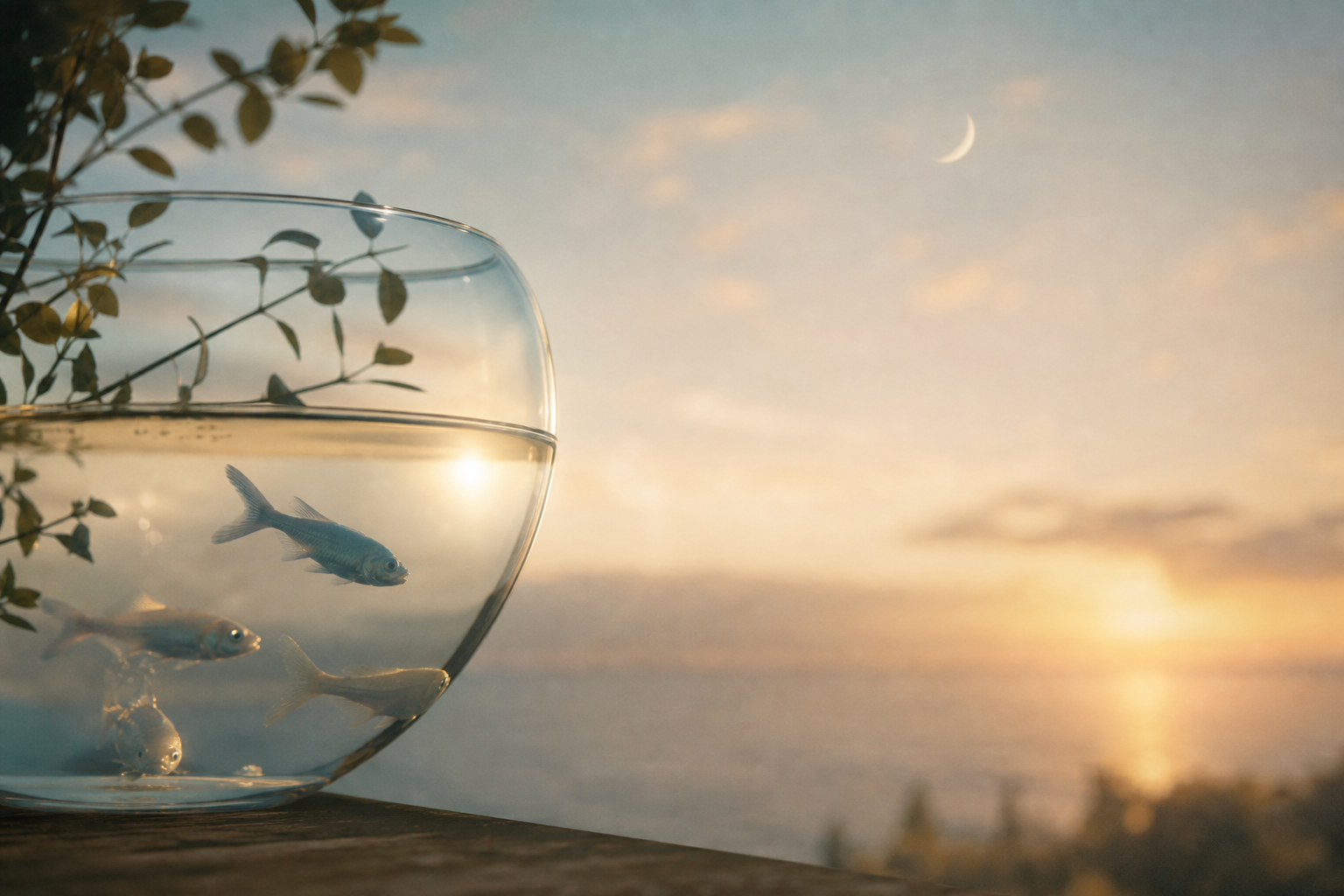 淡い光のなかを泳ぐ魚と、遠くに見える三日月をイメージしたやわらかなイラスト