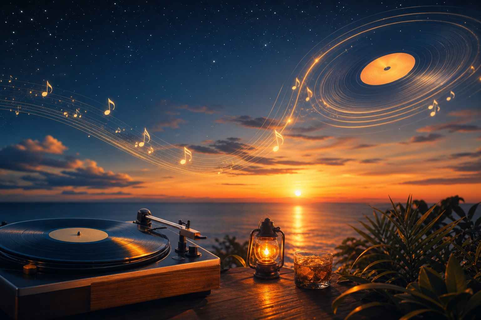 夏の夜空に浮かぶ音符とレコード盤の抽象的なイラスト