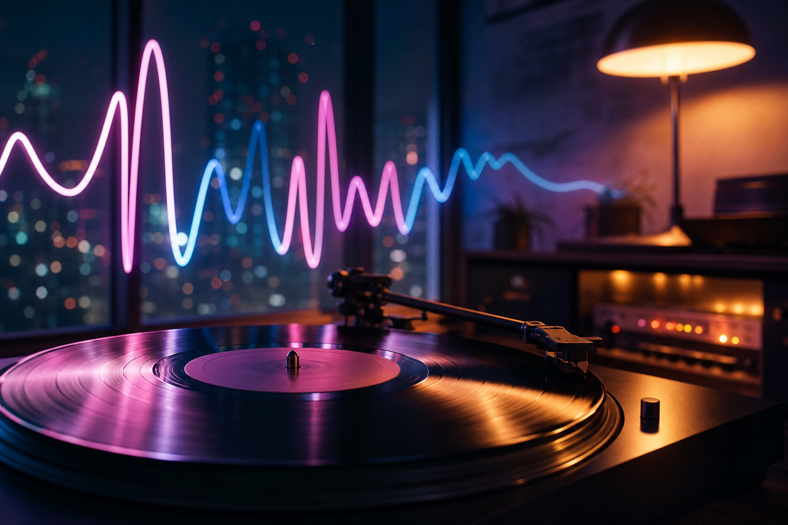 夜のスタジオに浮かぶネオンサインとレコード盤、音波の波形が重なる抽象的なイメージ