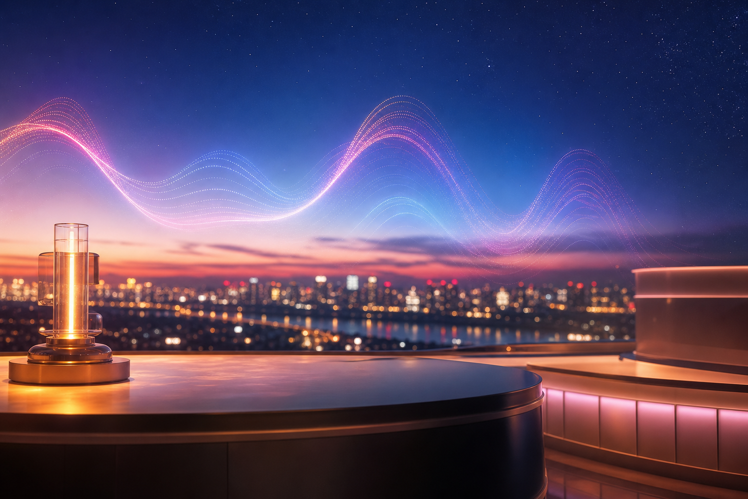 夏の夜空に浮かぶネオン風の音波と、放送スタジオを思わせる淡いライトの抽象イメージ