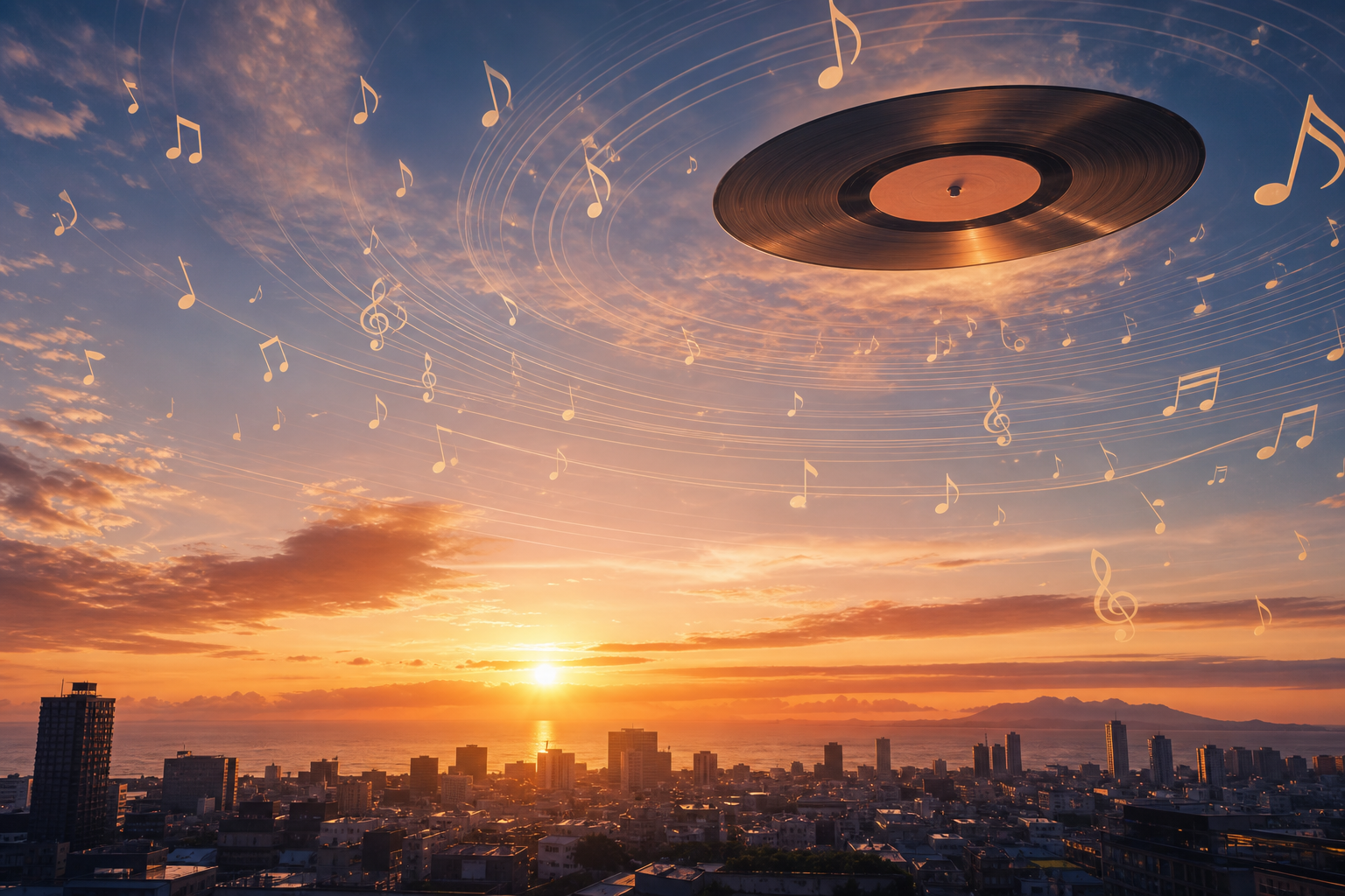 夕暮れの空にレコード盤が浮かぶ抽象的なイラスト。音符が波紋のように広がる。