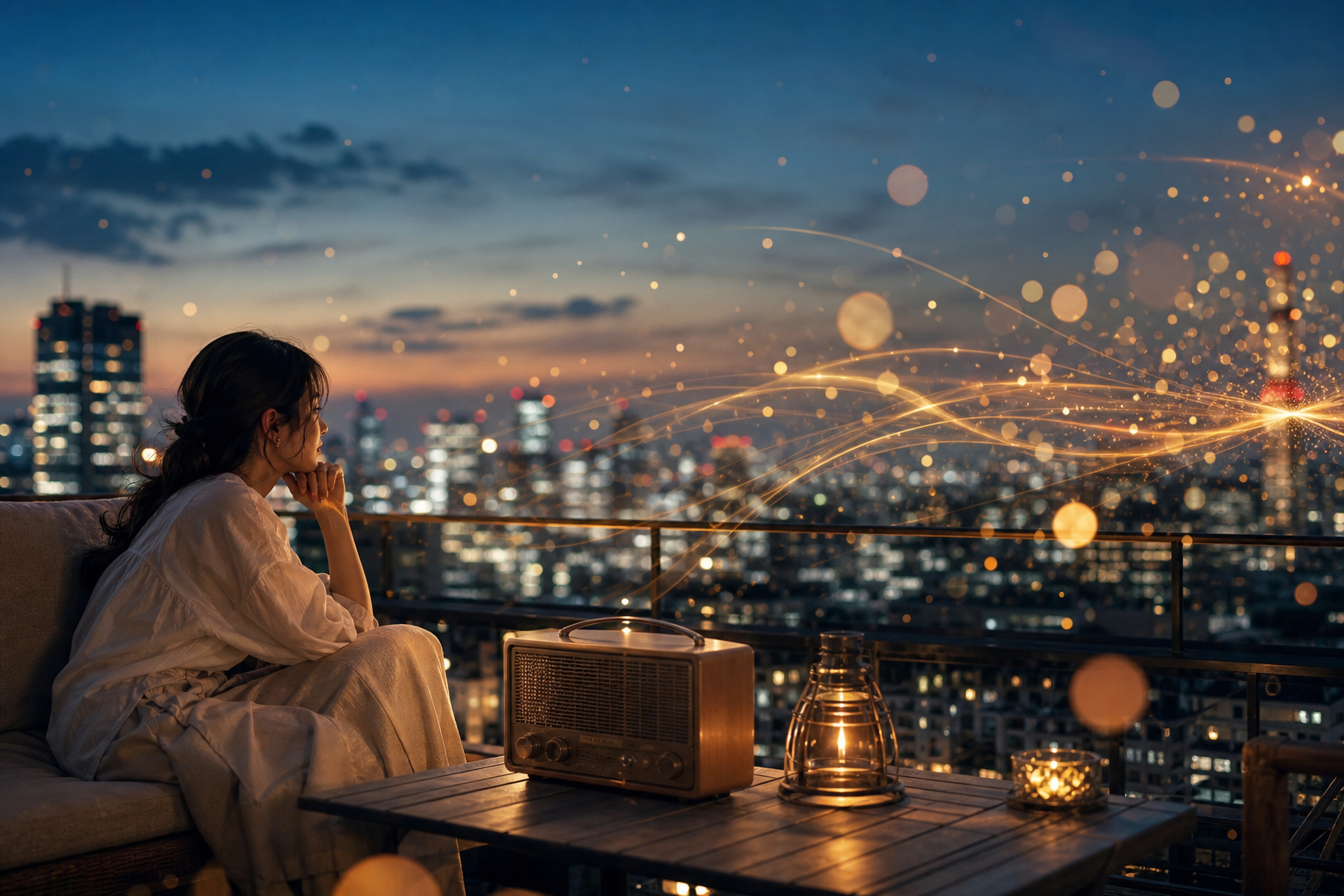 夏の夜の街並みを背景に、光の粒がラジオの電波のように広がっていく抽象的な音楽イメージ
