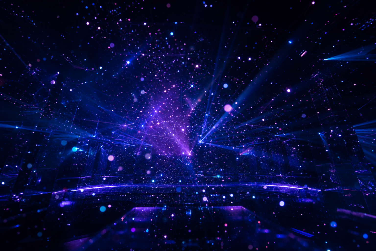 夜のクラブ空間に光の粒子が拡散する抽象的なエレクトロニックミュージックのイメージ