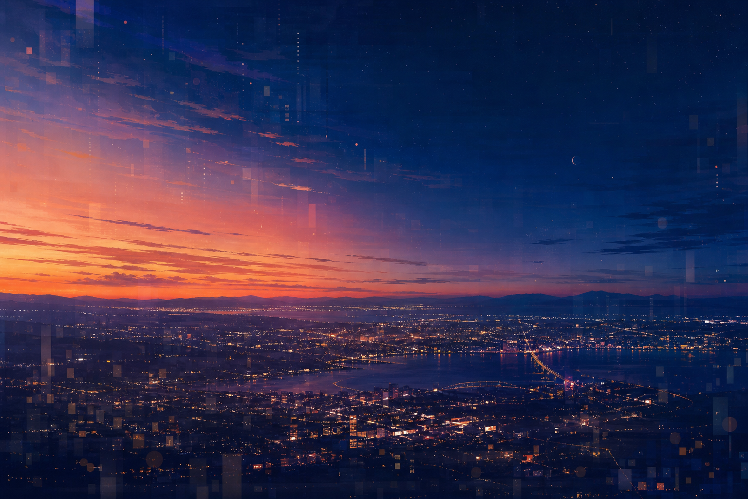 夕方から夜へ移り変わる空と、静かに光る街並みを俯瞰したイメージ。